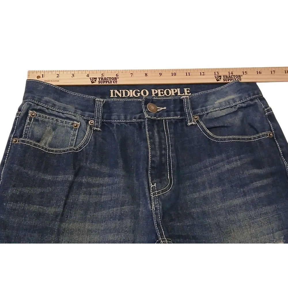 Indigo People Men's Jeans 32x30 Blue Distressed Straight Leg Denim Pants Embroid